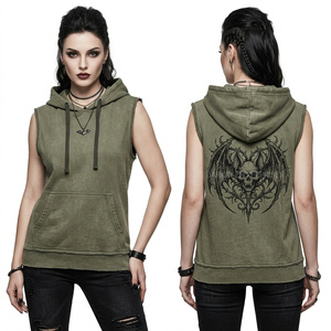 Sweat-shirt sans manches vert olive personnalisé, effet délavé et vieilli, avec motif crâne ailes de chauve-souris, style streetwear, coupe musclée - Product Image 1