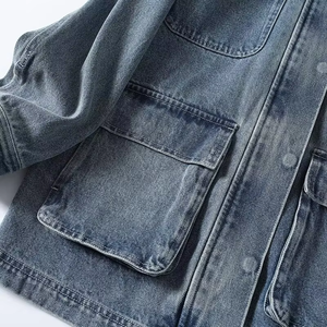 He She Wears Women's Stonewashed <b>Denim</b> <b>Jacket</b> Eco-Friendly Breathable Contrast Color Shoulder Patches Button Front Long Sleeve - Product Image 6