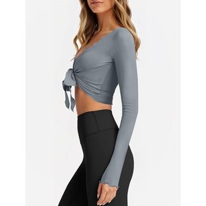Women Gray <b>Long</b> <b>Sleeve</b> <b>Crop</b> Top Criss Cross Neck Self-Tie Bow Solid Color Yoga Shirt Regular Fit Full <b>Sleeve</b> Activewear - Product Image 2