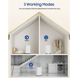 21 Pt. 1600 mq. Bianco 1600 mq. Deumidificatore con secchio e tubo di scarico per cantine, garage e ambienti umidi - Product Image 6