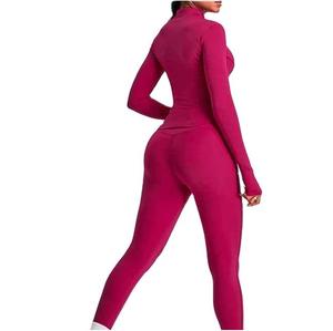 Conjunto de yoga de manga larga con cremallera, color rosa, efecto levanta glúteos, transpirable, elástico, sin costuras, sexy, para chicas, venta al por mayor. - Product Image 2