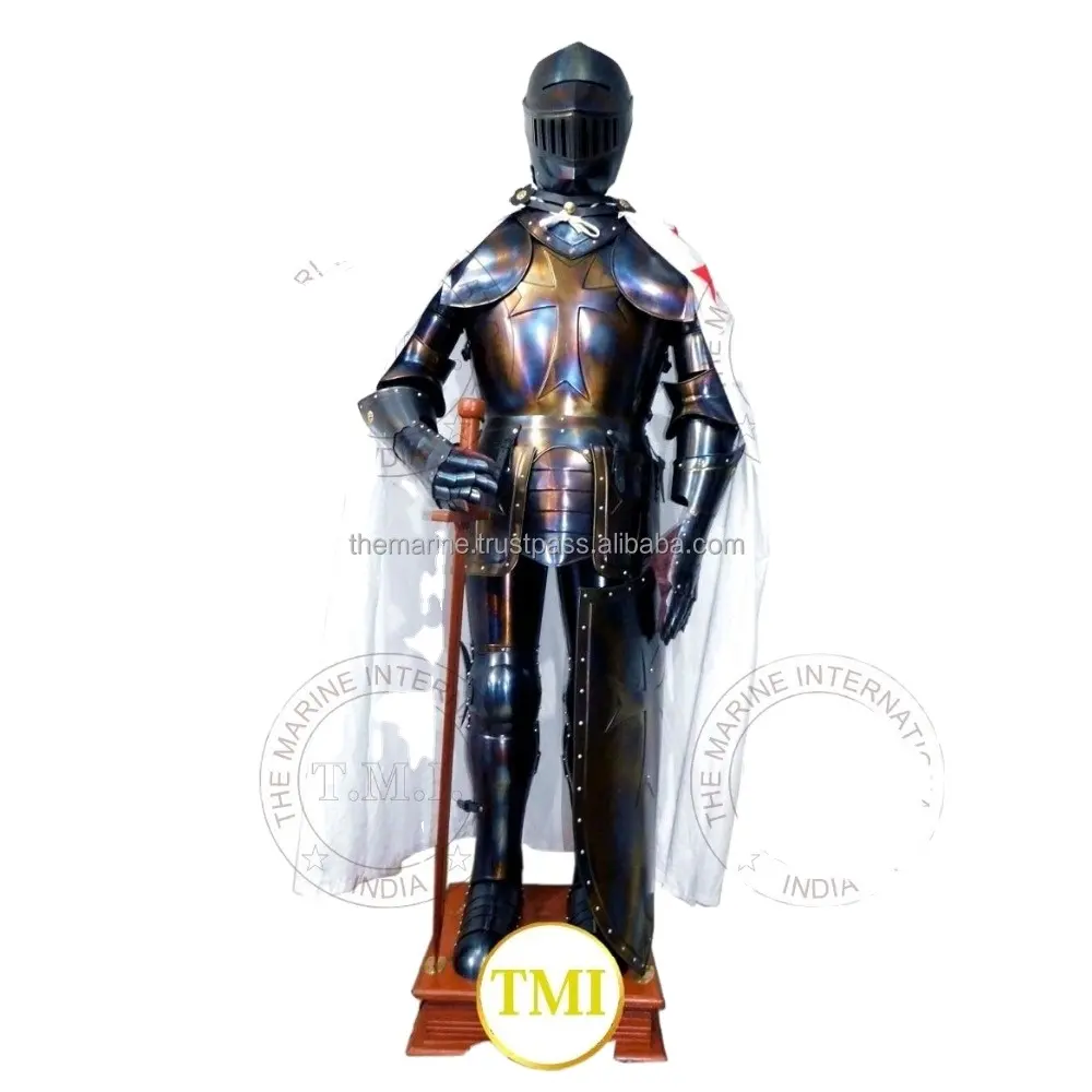 Antique Crusader Terno Completo de Armadura Collectible Medieval Knight Full Body Armor com Display Stand