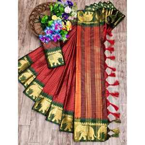 DESIGNER COTTON SILK JACQUARD WEAVING WORK <b>SAREE</b> WITH UNSTITCHED <b>BLOUSE</b> BROWN - Product Image 1