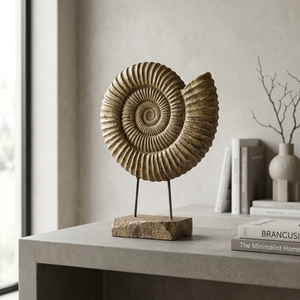 Gerry Lumintu Stand Handcrafted <b>Wooden</b> Ammonite Shell Sculpture <b>Rustic</b> Tabletop Decorative Artwork Metal Stand Home Decor Accent - Product Image 5