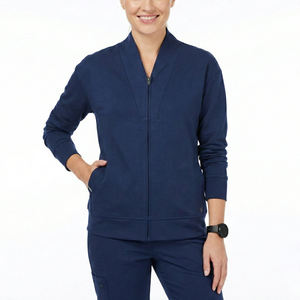 Suministro al por mayor de chaquetas de uniforme médico para mujer con cremallera frontal, elásticas y flexibles, con cuello en V, puños acanalados y cintura elástica, personalizables para hospital - Product Image 1