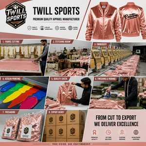 Custom <b>Men's</b> Rose Gold Satin Winter Bomber <b>Jacket</b> Front Embroidered Logo Streetwear Stand Collar <b>Pullover</b> Closure Customizable - Product Image 6