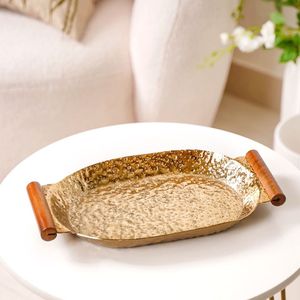 Oval Metal <b>Serving</b> Plate With Wooden Handles Handmade Hammered <b>Gold</b> Finish Glam Decorative Dish - Product Image 1