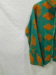 Chaqueta de Lana Verde para Mujer, Tejida a Mano, Bordada, con Patrón Naranja, Manga Larga, para Invierno - Product Image 3