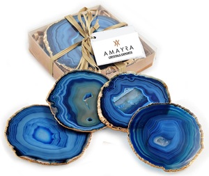 Natural <b>Agate</b> Blue Gemstone <b>Coaster</b> Clock Crystal Slices Golden Border Plated Waterproof Home Decor Gujarat AMAYRA CRYSTALS - Product Image 6