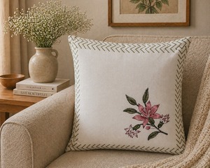 Minimal Pink Flower Cotton Cushion Cover Hand <b>Block</b> Style Decorative Throw Pillow Cover for Sofa Couch - Product Image 1