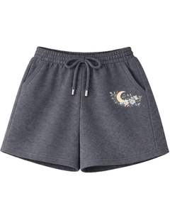 <b>Women</b> Ribbed Crop Tank Top And Drawstring <b>Shorts</b> Set Charcoal <b>Grey</b> Moon Floral Zodiac Embroidery Casual Lounge Two Piece Outfit - Product Image 2