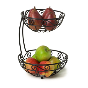 Wholesaler Double Tier Metal Fruit Basket Round Black Wire <b>Storage</b> Stand for Kitchen Rustic Decorative Display Holder - Product Image 1