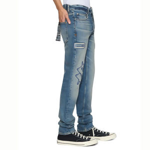 Jeans de punto de cintura alta y pierna recta, 100% algodón transpirable, al por mayor, para hombre, personalizados, lavado azul claro, estilo urbano Hip Hop - Product Image 3