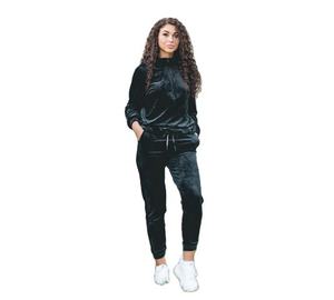 Women Black Hooded Velour <b>Tracksuit</b> Full Sleeve Solid Color Casual Jogger Set Side Pockets Elastic Waist Autumn Wear - Product Image 1