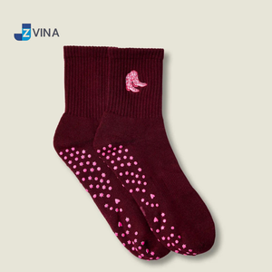 Chaussettes de Pilates JZVINA personnalisables avec logo, 100 % coton, couleur bordeaux, grip double direction, antidérapantes pour femme, yoga, barre, usage quotidien, design gratuit - Product Image 4