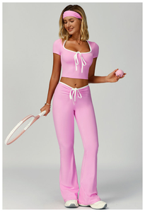 Conjuntos Deportivos de 2 Piezas para Mujer con Ribete Blanco, Tops de Manga Corta y Leggings Anchos, Conjuntos Deportivos Populares para Gimnasio, Yoga y Fitness - Product Image 4