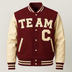Team C Varsity <b>Jacket</b> <b>Men's</b> Maroon Cream <b>Leather</b> Sleeve Embroidered Letter Front Button Closure Preppy Style Autumn Wear - Product Image 1