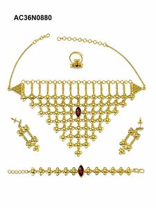 Conjunto de collar de gargantilla geométrico de resina chapado en oro de un gramo, con engaste de garra y corte cojín, de aleación de latón de imitación, de moda |   Joyería india - Product Image 2