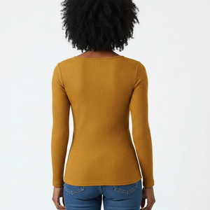 Chemise côtelée Henley à manches longues pour femme, col à revers boutonné, coupe ajustée, tricot extensible, vente en gros OEM en usine - Product Image 2