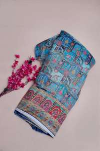 Tela de viscosa pura jacquard azul cielo con estampado étnico y borde ornamental para material de vestido Kurti de diseñador. - Product Image 2