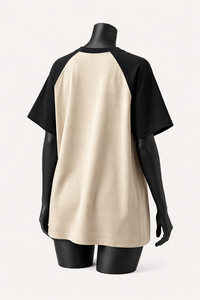 Women's Beige And Black <b>Raglan</b> Sleeve Crew Neck T-Shirt Loose Fit Casual Jersey Cotton Solid Color Contrast Trim - Product Image 4