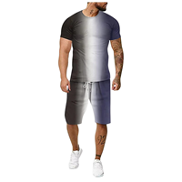 Conjunto de Camiseta y Pantalones Cortos Personalizados con Estampado Ombre Negro, Gris y Azul, Estilo Casual de Dos Piezas para Hombre