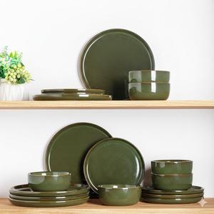 ชุดจานและชามเซรามิกสีเขียวมะกอกเคลือบเงา คุณภาพดี ทนทาน เหมาะสำหรับตกแต่งโต๊ะอาหารสไตล์เรียบง่าย - Product Image 4