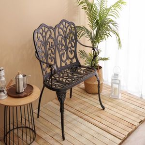 Panca da Giardino in Alluminio Pressofuso Nero per Patio, Parco, Prato, Cortile con Decorazioni Floreali a Rosa, Arredo Esterno per Hotel, Centri Commerciali, Palestre - Product Image 2