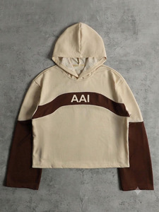 Sudadera con capucha corta de dos tonos con logo personalizado para hombre, estilo vintage, streetwear, con paneles, de forro polar, corte holgado, venta al por mayor - Product Image 2