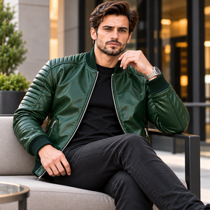 Chaqueta Bomber de Cuero Verde para Hombre con Mangas Acolchadas y Cierres Metálicos - Product Image 6