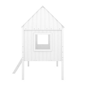 Letto a soppalco singolo per bambini, a forma di casetta in legno bianco con due finestre laterali - Product Image 6