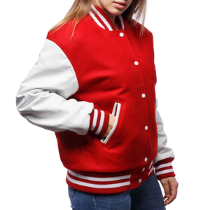 Red White Leather Varsity Jacket Casual Stand Collar Horn Button Solid Color Winter Outerwear Unisex Windproof Breathable - Product Image 6