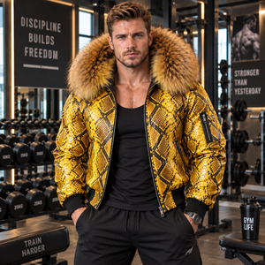 <b>Men's</b> Embossed Python Leather Breathable <b>Summer</b> Bomber <b>Jacket</b> with Plaid Pattern | LEATHER SPOT - Product Image 3