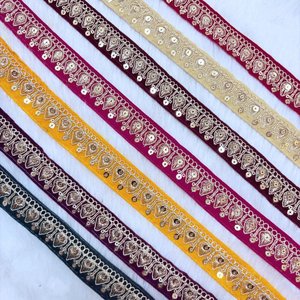Embroidered Sequin <b>Lace</b> Trim Decorative Floral Border <b>Lace</b> Ribbon for Saree Dress Dupatta Sewing Craft Garment Trim - Product Image 2
