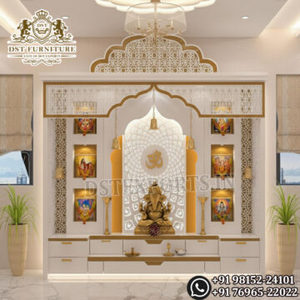 Mandir de luxe de style Haveli pour la maison, grande taille, en bois de teck, fait main, temple traditionnel blanc et or, unité de prière Radha Krishan, USA - Product Image 3