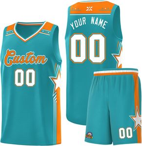 Ensemble de maillot de basket bleu sarcelle avec accents orange, imprimé par sublimation, débardeur sans manches et short anti-humidité, taille régulière pour adulte - Product Image 1