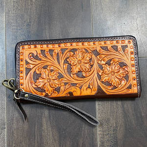 Cartera de mano estilo western de cuero genuino hecho a mano con diseño floral, monedero con cremallera, tarjetero y ranura para tarjetas de crédito para compras. - Product Image 5