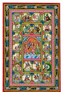 Peinture artisanale Krishna Leela Pattachitra en gros, art populaire indien traditionnel, décoration murale rectangulaire en papier, mythologique - Product Image 2