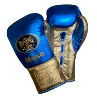 No Boxing No Life Mavi Altın Sığır Derisi Boks Eldivenleri 16oz Bağcıklı Bilek Kapatmalı Profesyonel Antrenman Ekipmanı