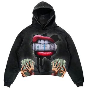 Vintage Washed Anime Oversized Hoodie Women's Embroidery Digital Printed Front Knitted 100% Cotton Streetwear Winter - Product Image 1