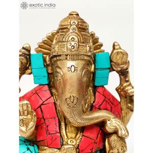 Intrincado 4 \ "Lord Ganesha Escultura de latón Bendición abundante con intrincado trabajo de incrustaciones Estatua pequeña - Product Image 3