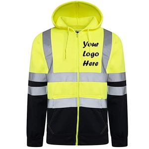 Custom Reflective <b>Zip</b>-Up Hoodie for Men 100% Cotton Full-<b>Zip</b> <b>Hooded</b> Sweatshirt Striped Pattern Pocket High Visibility Yellow - Product Image 6