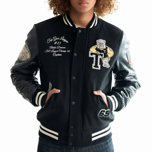 Veste universitaire unisexe noire en PU avec patchs brodés, col montant, fermeture boutonnée, style vintage, laine/polyester - Product Image 1