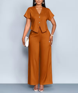 Women's Customized Color 2-Piece Set Short Sleeve V-Neck Blazer Top Wide Leg Pants Solid Color Micro Elasticity Spring/Summer - Product Image 1