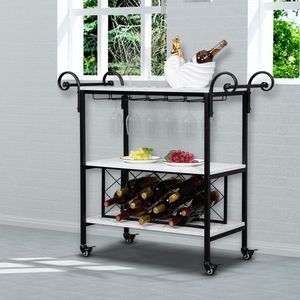 Carrello Portabottiglie HODELY in Ferro e Legno Effetto Marmo, a Due Livelli, con Doppio Bracciolo, Spessore 1,5 mm, in Pannello Densificato, per Conservazione Vini Pregiati - Product Image 3