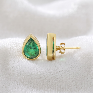 Wholesale 9k Yellow Gold Natural Pear <b>Emerald</b> Bezel Set Stud Earrings Memoria Jewels - Product Image 1
