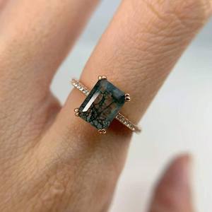 Bague en Agate Mousse Naturelle Coupe Émeraude en Argent Sterling 925 Plaqué Or 14K, Bague de Promesse Délicate à Empiler - Product Image 4