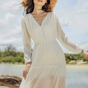 Nouvelles Arrivées Robes Maxi Décontractées Blanches en Mousseline Tissée pour Femmes, à Manches Longues, Silhouette Trapèze, Volants, Fermetures Éclair, Service OEM Vietnam - Product Image 5