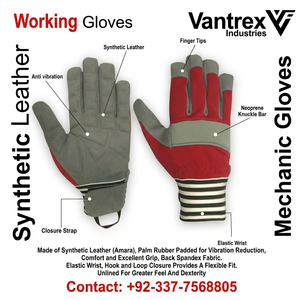 General Purpose Safety Gloves Red Gray PU Leather <b>Textured</b> Fingertips Anti-Slip Elastic Wristband Latex Free <b>Powder</b> Free - Product Image 6
