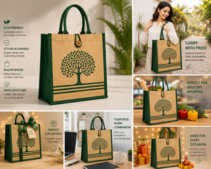 Jute Shopping <b>Bag</b> <b>Medium</b> <b>Size</b> Tree Pattern Green Handles Button Closure Groceries Tote - Product Image 4